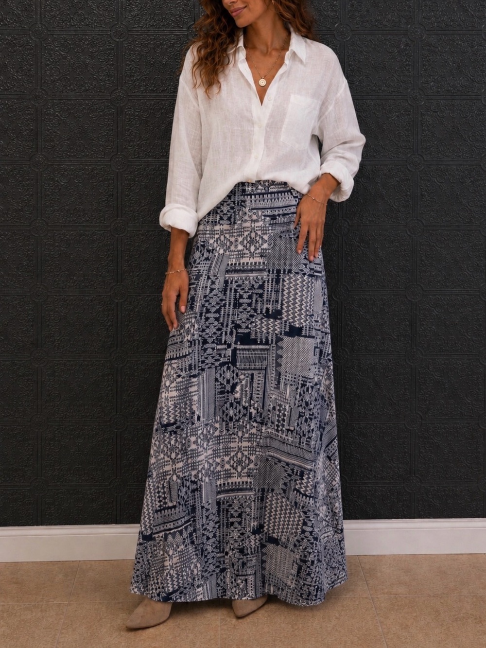Hot Kiss Navy & White Geometric Print Maxi Skirt